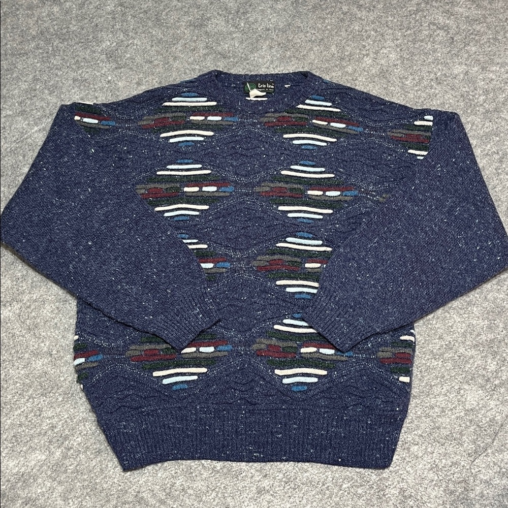 Vintage Blue Patterned Grandpa Sweater Italian Knit Tris Line 3D Knit